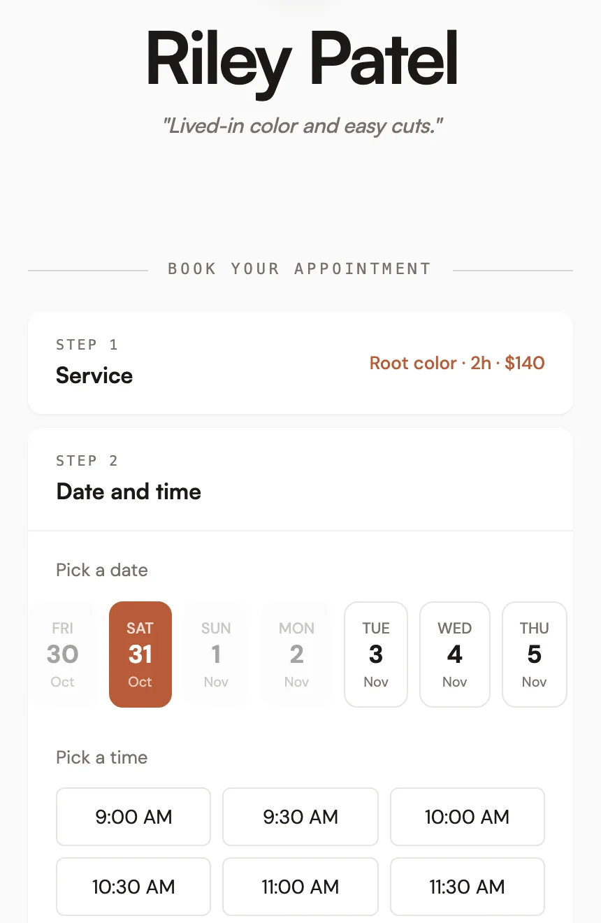 Riley Patel's booking page on a phone: Root color, two hours, $140, with the next free days and times to pick from.