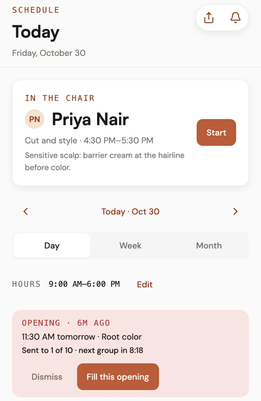ChairCal's Today screen: the client in the chair, the day's hours, and an opening being filled.